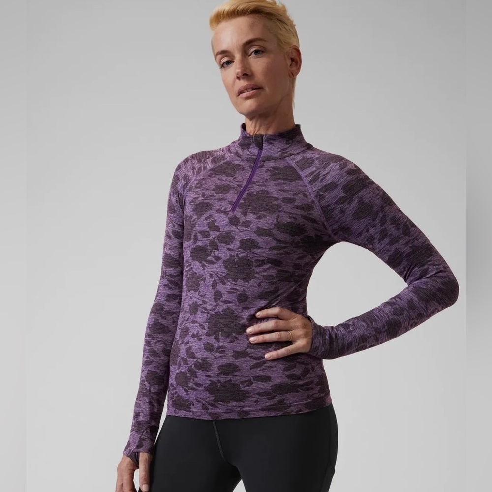 Athleta Momentum Seamless Floral Lilac 1/4 Zip Run Top Size Small